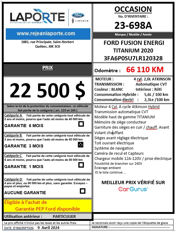2020 Ford Fusion Energi Titanium Main Image