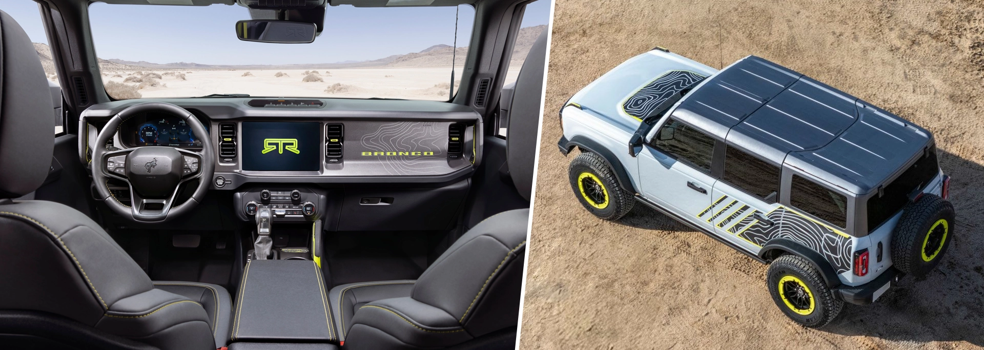 Montage du Ford Bronco RTR 2027 : à gauche, l'intérieur montrant le tableau de bord avec le logo RTR et des accents vert lime; à droite, le VUS blanc en pleine conduite hors route dans la poussière avec ses jantes assorties.