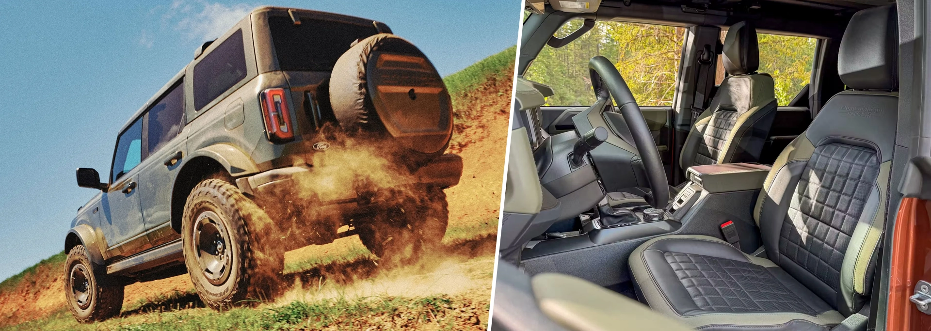 Montage du Ford Bronco Filson 2027 : à gauche, le VUS tout-terrain en action dans la poussière; à droite, la vue de l'habitacle mettant en valeur les sièges au motif à carreaux emblématique de la marque Filson.