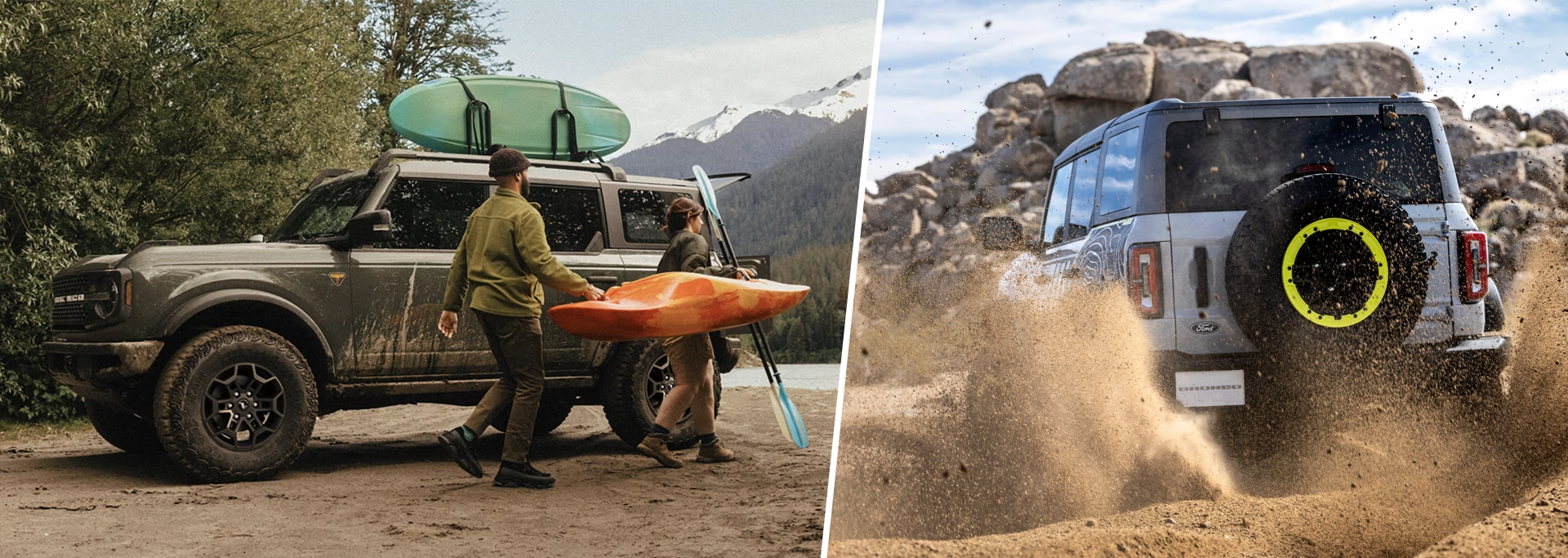 Montage montrant deux modèles du Ford Bronco 2027 : à gauche, une version vert olive avec un kayak sur le toit stationnée au bord de l'eau avec du matériel d'aventure; à droite, une version blanche en pleine conduite tout-terrain soulevant de la poussière et arborant une jante de secours vert lime.