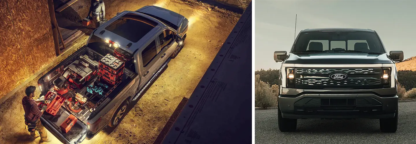 Espace de chargement optimal du Ford Lightning vs Silverado EV. Vu d'un menuisier qui charge son matériel.