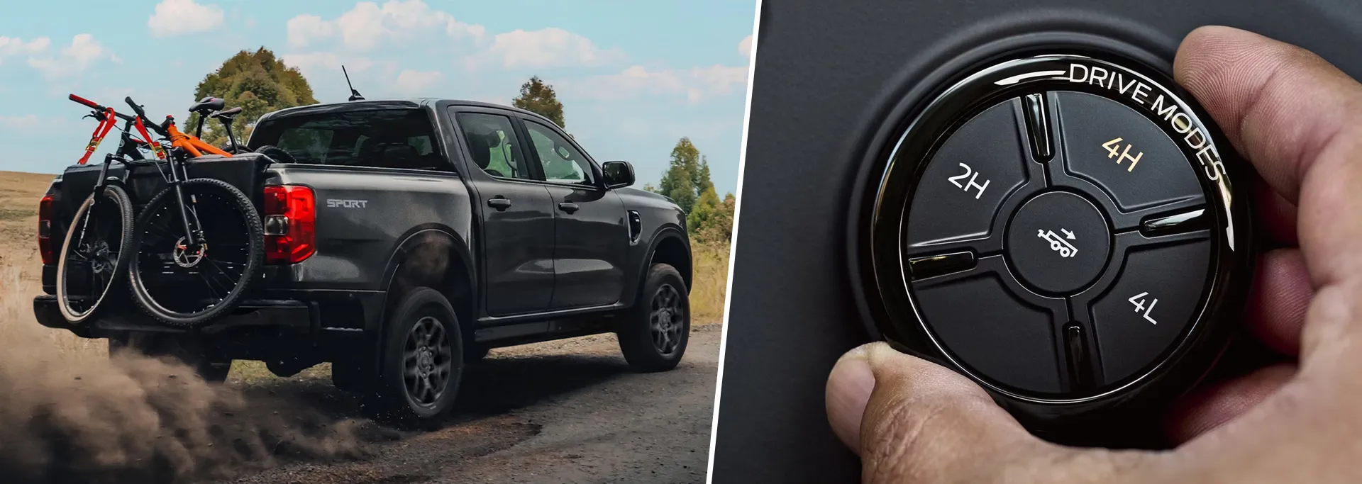 Ford Ranger 2026 dans un chemin de terre avec le mode drive