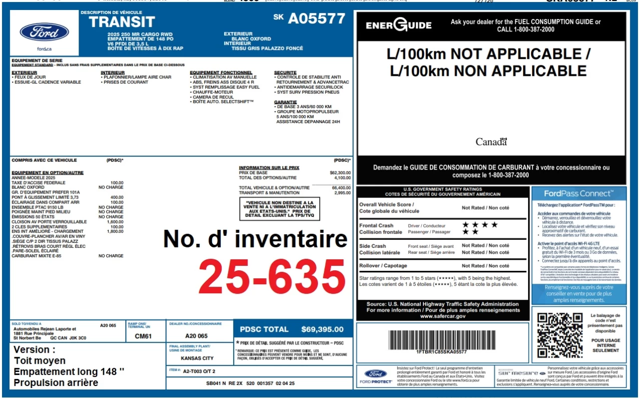 2025 Ford Transit fourgon utilitaire T-250 148" Med Rf 9070 GVWR RWD Main Image