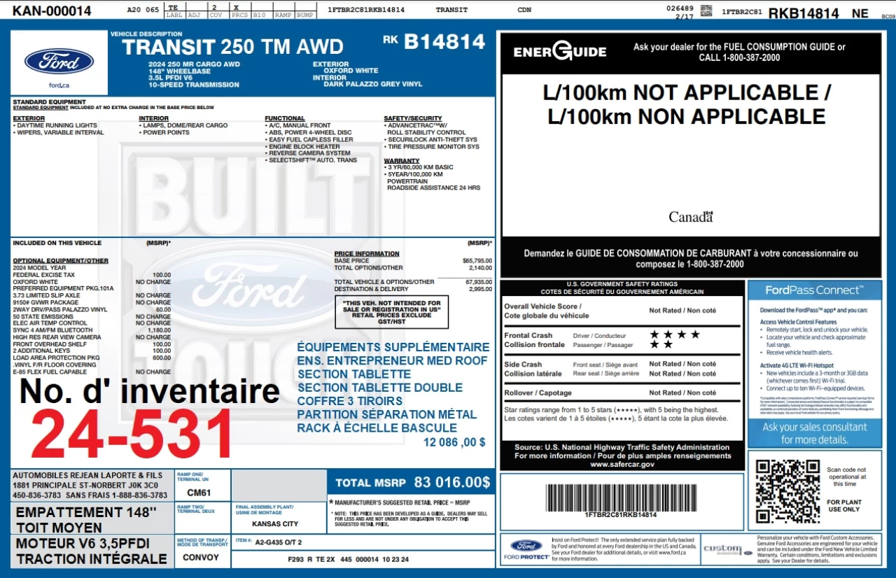 2024 Ford Transit fourgon utilitaire Transit 250 AWD toit moyen empattement long 148 Main Image