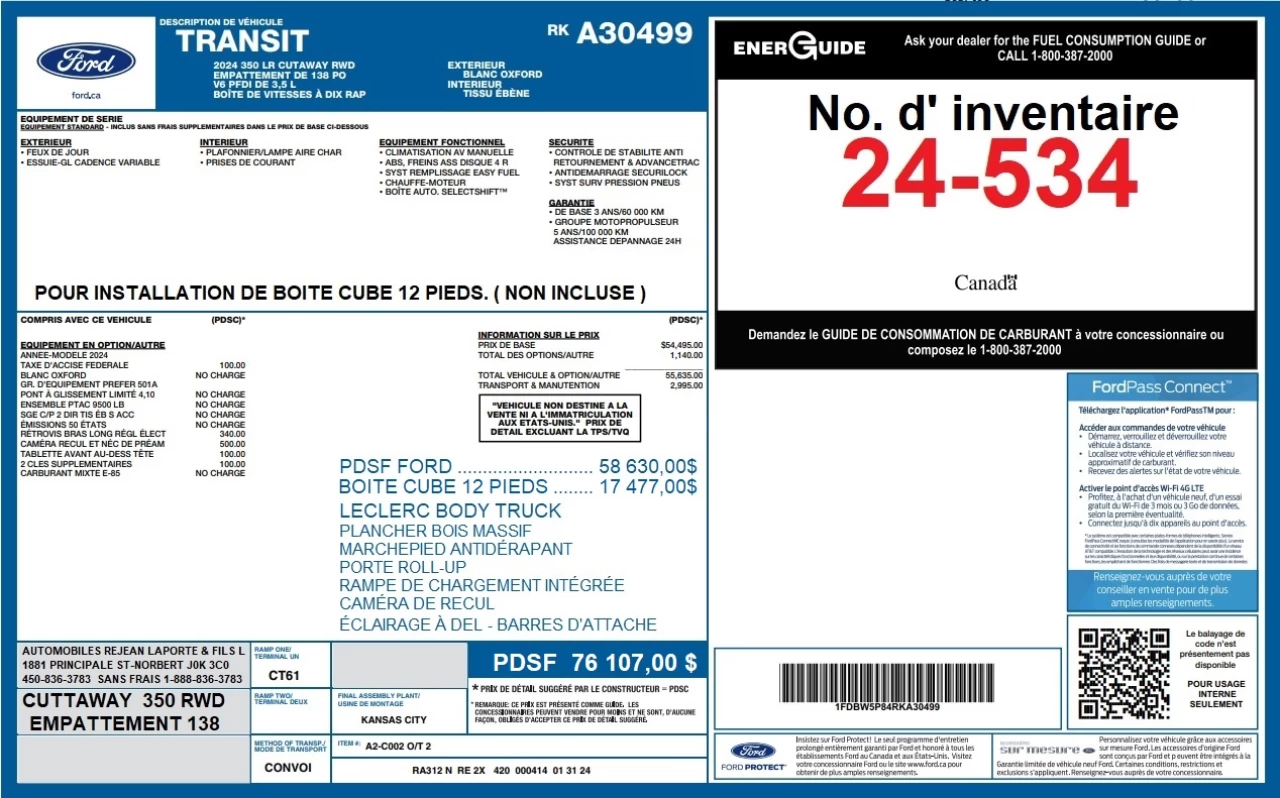 2024 Ford Transit fourgon tronquÉ T-350 RWD 9500 GVWR SRW Image principale